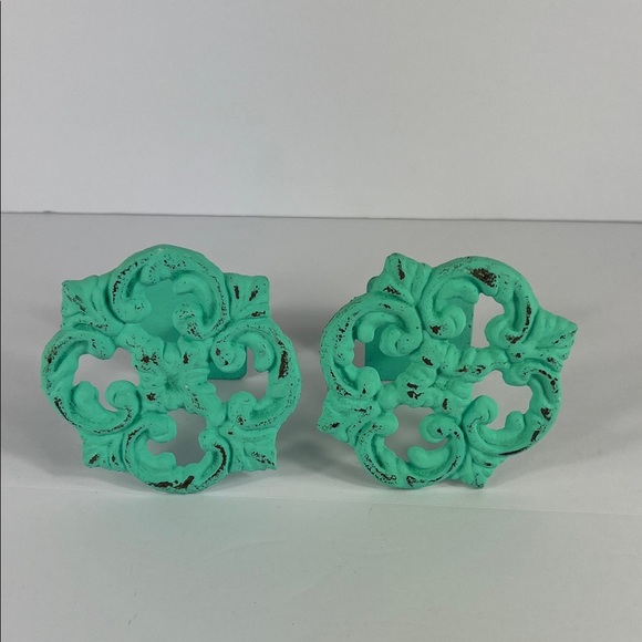 Curtain Tiebacks or Wall Hooks Hand Painted Sea Breeze Teal Distressed Finish - Picture 1 of 4